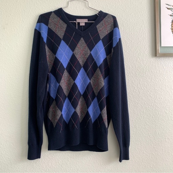 DANIEL CREMIEUX Mens argyle cashmere long sleeve sweater blues size M - Picture 2 of 10